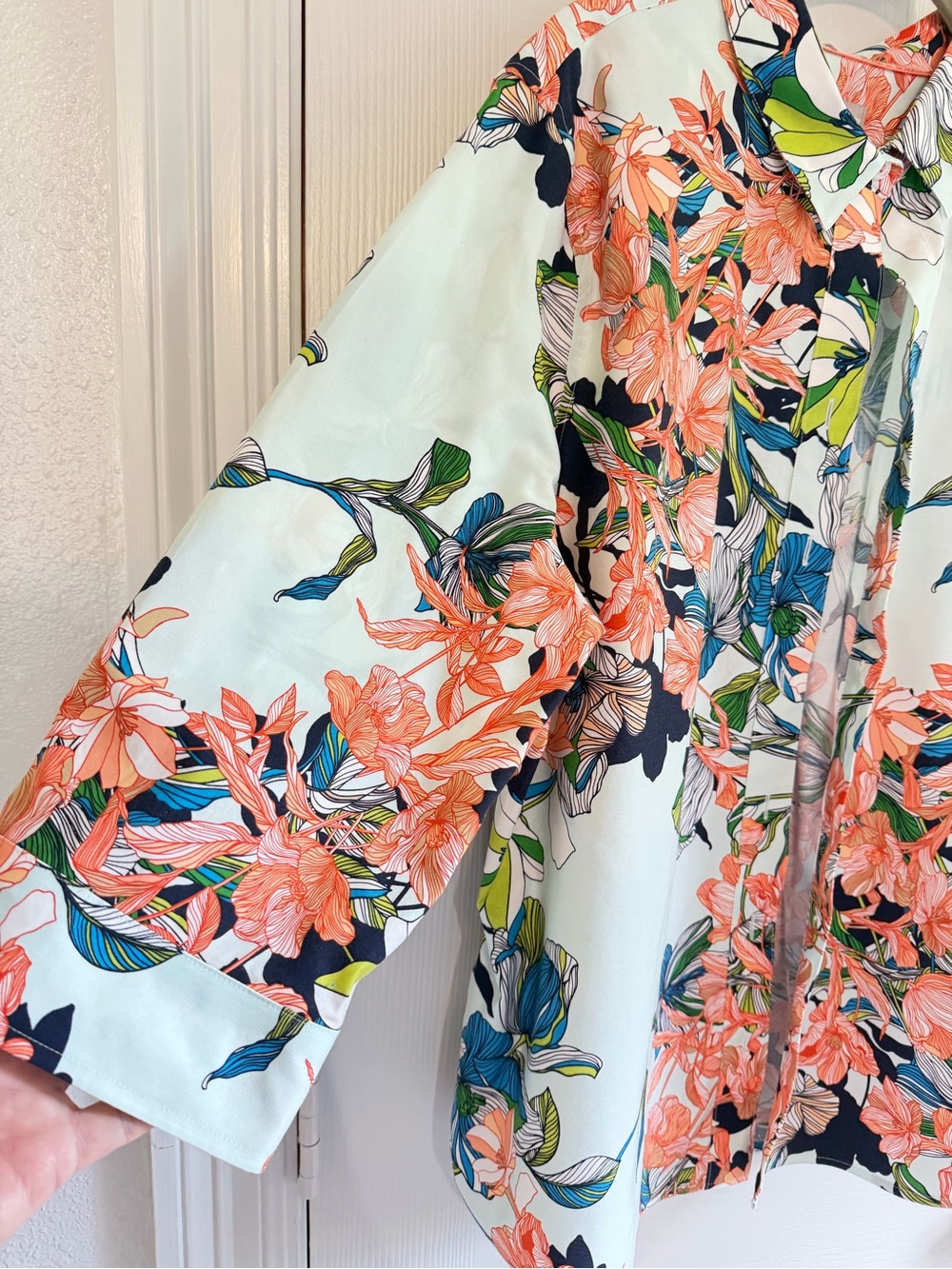 Chico's Mint Floral Button-Down Shirt with Coral, Navy & Green Accents - Picture 3 of 10